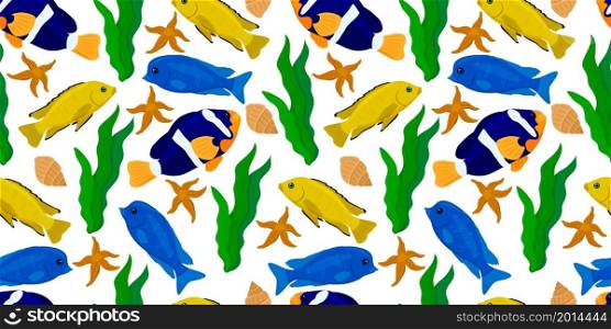 Seamless background with tropical fish. Underwater animal design. Coral reef fish cute cartoon illustration. Bright marine print. Deep Sea Wallpaper