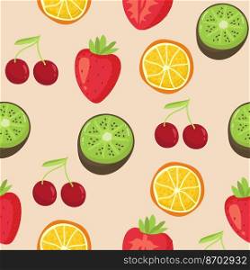 Seamless background with various tropical fruits on white. Vector fruit pattern. lemon, strawberry, kiwi, orange,. Seamless background with various tropical fruits on white. Vector fruit pattern. lemon, strawberry, kiwi, orange