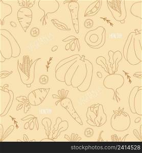 Seamless background with vegetables. Linear hand drawings Pumpkin, beets, cabbage and carrots, avocados and olives, corn and peas on light yellow background. Vector illustration. For design, decor 