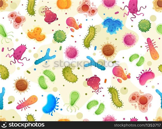 Seamless bacteria pattern. Color germs, microorganism cells microscopic organisms and viruses cartoon vector illustration. Bacteria and bacterium seamless pattern. Seamless bacteria pattern. Color germs, microorganism cells microscopic organisms and viruses cartoon vector illustration