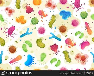 Seamless bacteria pattern. Color germs, microorganism cells microscopic organisms and viruses cartoon vector illustration. Bacteria and bacterium seamless pattern. Seamless bacteria pattern. Color germs, microorganism cells microscopic organisms and viruses cartoon vector illustration