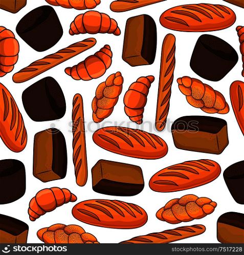 Seamless bakery and pastry pattern on white background with cartoon healthy rye and wholegrain bread, french baguettes and croissants, wheat long loaves and braided sweet buns topped with poppy seeds. Food theme design. Seamless bakery and pastry products pattern