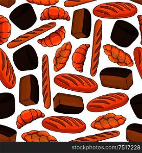 Seamless bakery and pastry pattern on white background with cartoon healthy rye and wholegrain bread, french baguettes and croissants, wheat long loaves and braided sweet buns topped with poppy seeds. Food theme design. Seamless bakery and pastry products pattern