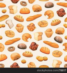 Seamless Bakery Icons Background. Illustration of a seamless bakery and pastry products background, with bread and breakfast icons, brioche, viennoiserie, cakes, crescent, donuts, biscuits, desserts and sweets