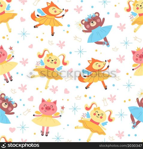 Seamless ballerina animals. Cute dancing little fairies with magic wands. Cartoon background design. Kids print with girly ballet elements. Funny princess in tutu dress and pointe. Vector pattern. Seamless ballerina animals. Dancing little fairies with magic wands. Cartoon background design. Kids print with girly ballet elements. Princess in tutu dress and pointe. Vector pattern