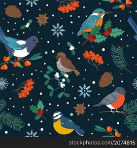 Seamless birds pattern. Magpie, bullfinch and kingfisher on different tree branches. Rowan and barberry twigs. Flying forest animals and snowflakes. Fir cones. Anise stars. Vector winter background. Seamless birds pattern. Magpie, bullfinch and kingfisher on different branches. Rowan and barberry twigs. Flying animals and snowflakes. Fir cones. Anise stars. Vector winter background
