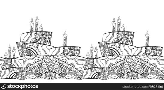 Seamless black and white border with cake decorated with boho pattern. Vector pattern for your design. Coloring for adult. Seamless black and white border with cake decorated with boho p