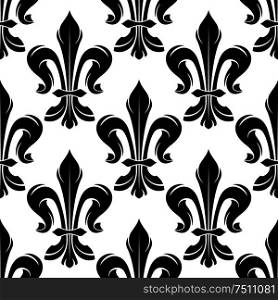 Seamless black and white fleur-de-lis pattern with elegant curled leaves arranged into royal french lily flowers. Great for medieval monarchy background or luxury interior accessories. Black and white fleur-de-lis royal pattern