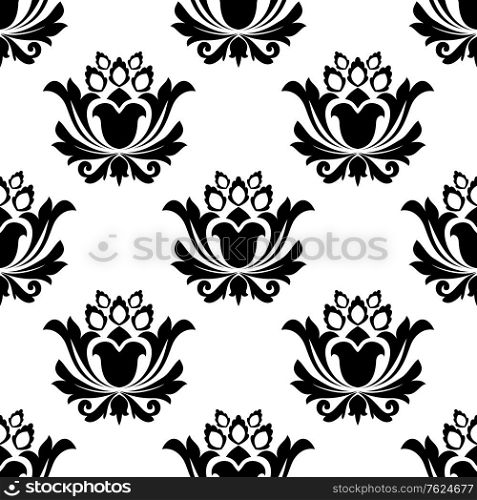 Seamless black and white floral pattern with a pretty repeat motif in square format suitable for a damask style fabric or wallpaper design