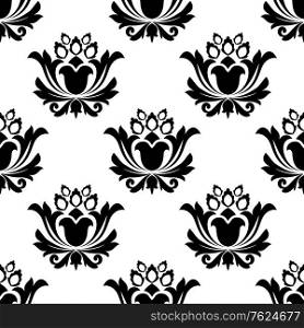 Seamless black and white floral pattern with a pretty repeat motif in square format suitable for a damask style fabric or wallpaper design