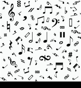 Seamless black and white music notes background isolated on white