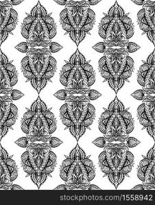 Seamless black and white paisley pattern with boho ornaments in row. Tribal background for textile, wallpaper and your creativity.. Seamless black and white paisley pattern with boho ornaments in row. Tribal background