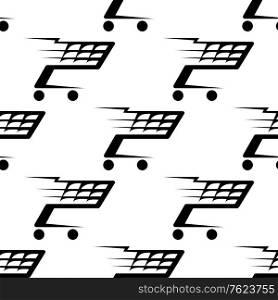 Seamless black and white pattern of a speeding shopping cart or trolley with motion trails in square format for retail industry design