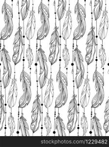 Seamless black and white pattern of hand drawn feathers with boho pattern. Tribal doodle background. Vector element for your creativity.. Seamless black and white pattern of hand drawn feathers with boh