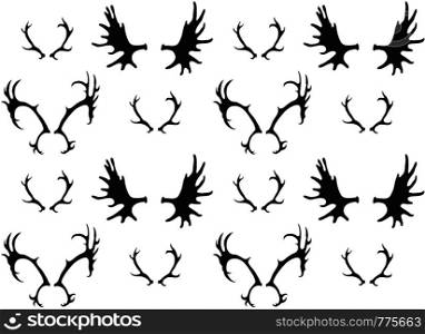 Seamless black and white pattern with a silhouette of deer and elk horns. Vector texture for your creativity. Seamless black and white pattern with a silhouette of deer