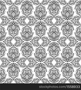 Seamless black and white pattern with geometric boho ornaments. Tribal background for textile, wallpaper and your creativity.. Seamless black and white pattern with geometric boho ornaments. Tribal background