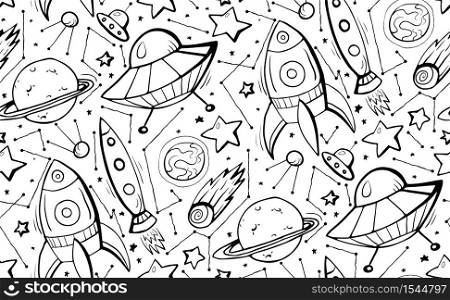 Seamless black and white pattern with hand drawn contour child illustrations of stars, spaceships and UFOs. Vector doodle texture for wallpaper, textile, background and your design. Seamless black and white pattern with hand drawn contour child illustrations of stars, spaceships and UFOs. Vector doodle texture
