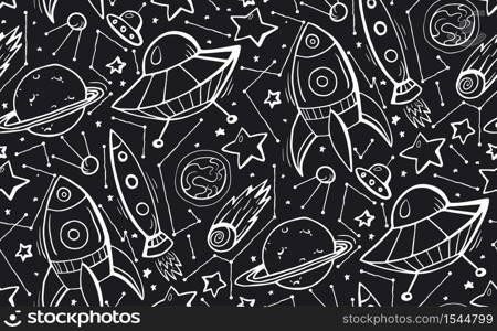 Seamless black and white pattern with hand drawn contour child illustrations of stars, spaceships and UFOs. Vector doodle texture for wallpaper, textile, background and your design. Seamless black and white pattern with hand drawn contour child illustrations of stars, spaceships and UFOs. Vector doodle texture
