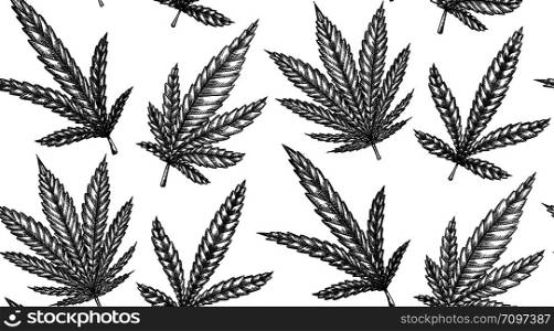 Seamless black and white pattern with leaves of marijuana with hatching. Vector engraving texture for fabrics, wallpapers and your creativity.. Seamless pattern with leaves of marijuana with hatching. Vector engraving texture
