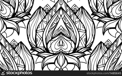 Seamless black and white pattern with Lotus with boho pattern. Vector element for spa centers, yoga studios. Hand drawn. Doodle elements for your design. Coloring for adults. Seamless black and white pattern with Lotus with boho pattern. V