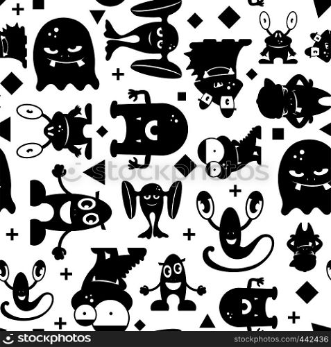 Seamless black and white pattern with monsters. Monochrome vector illustration. Seamless black and white pattern with monsters.