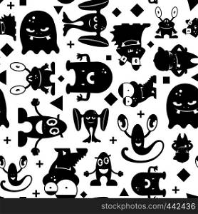 Seamless black and white pattern with monsters. Monochrome vector illustration. Seamless black and white pattern with monsters.