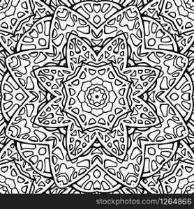 Seamless black and white texture stained. Template for coloring book. Doodle circular pattern. Seamless black and white texture stained. Template for coloring