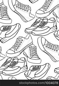 Seamless black and white texture with a contour pattern of running shoes and a sneaker. Vector sport pattern for your creativity. Seamless black and white texture with a contour pattern of running shoes and a sneaker.
