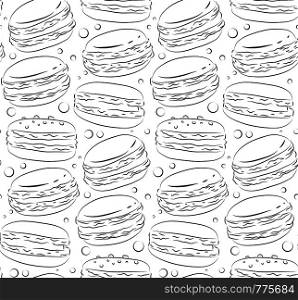 Seamless black and white texture with contour macaroon. Background with sweets. Vector pattern for your creativity. Seamless black and white texture with contour macaroon.