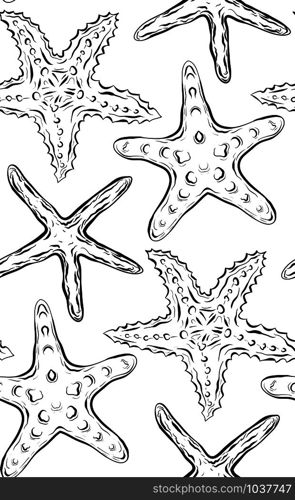 Seamless black and white texture with contour starfishes. Vector pattern for fabrics, backgrounds, wallpapers and your creativity. Seamless black and white texture with contour starfishes.