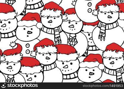 Seamless black and white texture with doodle snowman in Christmas hats for your creativity. Seamless black and white texture with doodle snowman in Christma