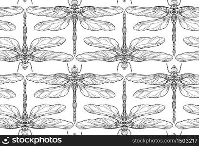 Seamless black and white texture with dragonfly illustration with boho pattern. Vector pattern for fabric, wallpaper, wrapping paper and your creativity. Seamless black and white texture with dragonfly illustration wit