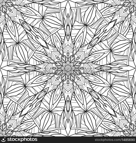 Seamless black and white texture with stained glass mandala. Vector background for wraps, wallpaper, fabric and your design. Seamless black and white texture with stained glass mandala. Vec