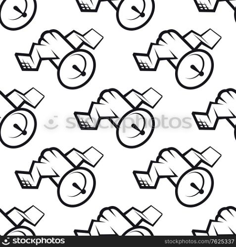 Seamless black colored background pattern of communications satellite in square format for telecommunication themed wallpaper. Seamless pattern of communications satellite icon