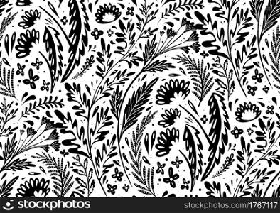Seamless black silhouette of natural pattern with herbs and flowers of the fields. Wallpaper with prints pf dandelions, wormwood, fennel and buttercups. Fabric with plants. Vector background. Seamless black silhouette of natural pattern with herbs and flowers of the fields. Wallpaper with prints pf dandelions, wormwood, fennel and buttercups. Fabric with plants