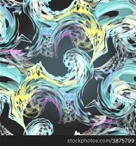 Seamless black textile pattern of lines and dots swirling in a spiral