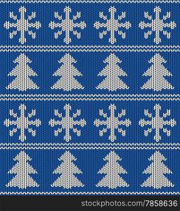 Seamless blue and white knitted vector pattern with snowflake and Christmas tree shapes.