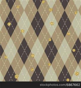 Seamless blue argyle pattern with chaotic golden dots. Traditional diamond check print. Vintage seamless background.