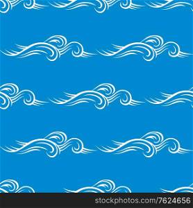 Seamless blue curling wave pattern with a repeat motif in square format suitable for wallpaper or fabric design