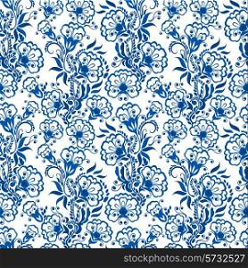 Seamless blue floral pattern. Background in the style of Chinese painting on porcelain or Russian gzhel style.