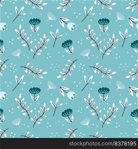Seamless blue pattern with cute flowers and flowers. Vector doodle illustration. Background for printing on fabric and wrapping paper.