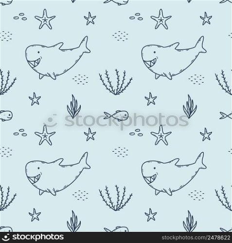 Seamless blue pattern with cute shark. Fish and starfish. Background for sewing clothes and printing on fabric. Packing paper. Inhabitants of sea and ocean. Underwater world.