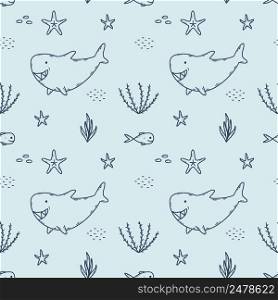 Seamless blue pattern with cute shark. Fish and starfish. Background for sewing clothes and printing on fabric. Packing paper. Inhabitants of sea and ocean. Underwater world.