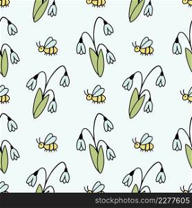 Seamless blue pattern with snowdrops. Spring background for sewing children’s clothing, printing on fabric and packaging paper.