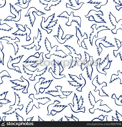 Seamless blue silhouettes of flying birds pattern with soaring flight of doves over white background. May be use as wallpaper or religion theme design. Flying birds seamless pattern with blue doves