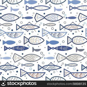 Seamless boho blue contour pattern with doodle fishes and bubbles floating to the right. Underwater lagoon world. Vector outline texture for fabrics, wallpapers and your creativity. Seamless boho blue contour pattern with doodle fishes and bubbles floating to the right. Underwater lagoon world. Vector outline texture