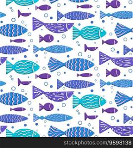 Seamless boho flat pattern with doodle fishes and bubbles floating to the right on white background. Underwater lagoon world. Vector child texture for fabrics, wallpapers and your creativity. Seamless boho flat pattern with doodle fishes and bubbles floating to the right on white background. Underwater lagoon world. Vector child texture