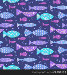 Seamless boho flat pattern with doodle fishes and bubbles floating to the right on blue background. Underwater lagoon world. Vector child texture for fabrics, wallpapers and your creativity. Seamless boho flat pattern with doodle fishes and bubbles floating to the right on blue background. Underwater lagoon world. Vector child texture