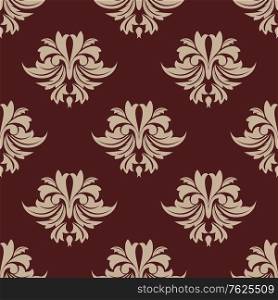 Seamless bold beige colored floral arabesque pattern in damask style motifs for wallpaper and fabric design isolated over brown colored background. Floral seamless arabesque pattern
