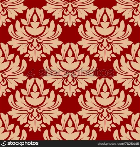 Seamless bold beige colored floral arabesque pattern in damask style motifs suitable for wallpaper, tiles and fabric design isolated over red colored background